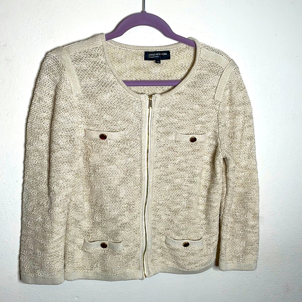 Jones New York Collection tweedy woven cardigan in natural beige, size large